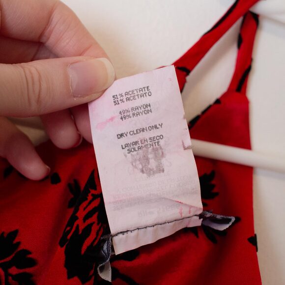 Gothic Red Dress Black Floral Vine Print Mini Slip Style VTG 3/4 Bright Spring - Picture 6 of 6